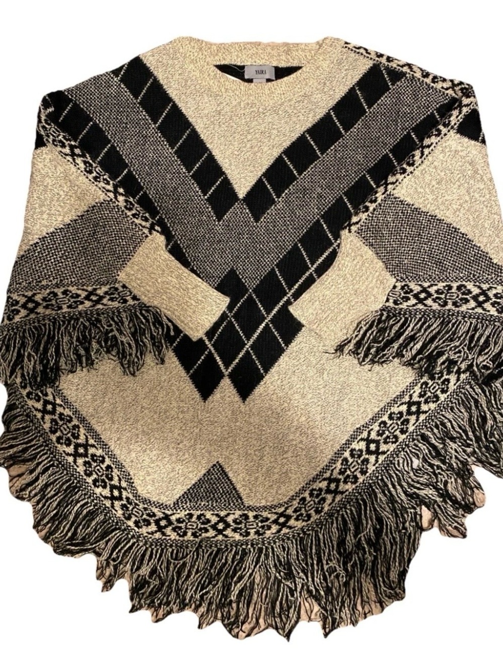 Yaira Women Batwing Geometric
Fringe Pullover Poncho/Sweater  Sleeves Sz L/XL